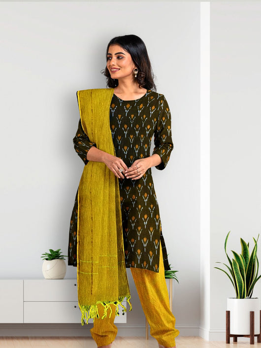 Pure Cotton Woven Ikkat Kurta Set - 8755 Women's Kurta Set AEVUM 2   