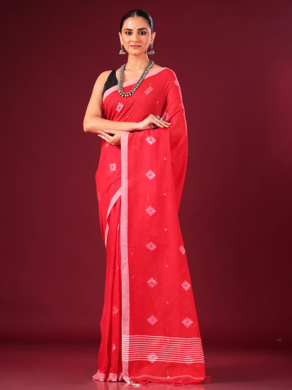 Pure Handloom Red Cotton Jamdani Saree - 9050 Saree AEVUM