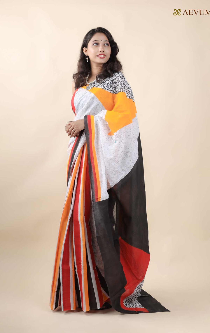 Mulmul Cotton Hand Block Printed Saree - 11418 Saree AEVUM