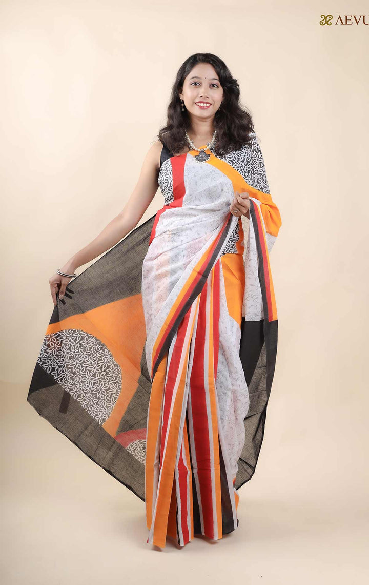 Mulmul Cotton Hand Block Printed Saree - 11418 Saree AEVUM