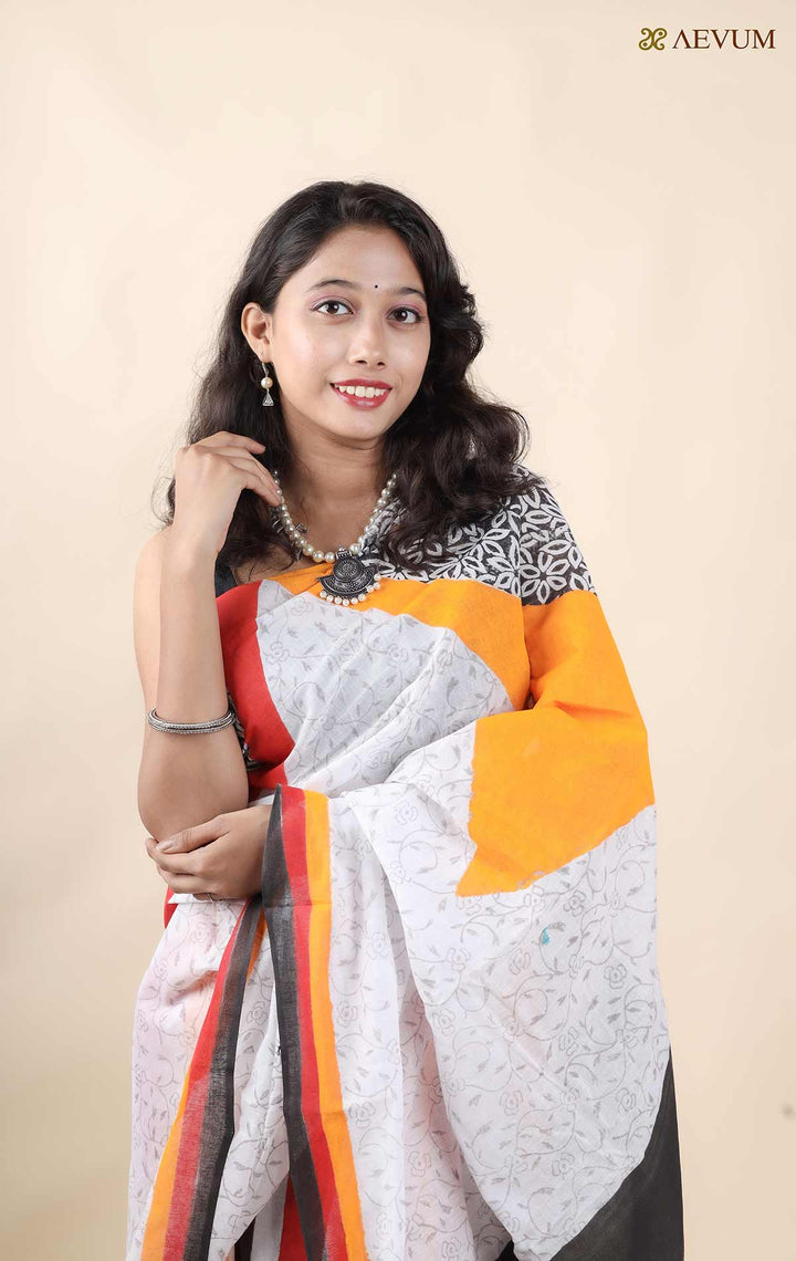 Mulmul Cotton Hand Block Printed Saree - 11418 Saree AEVUM