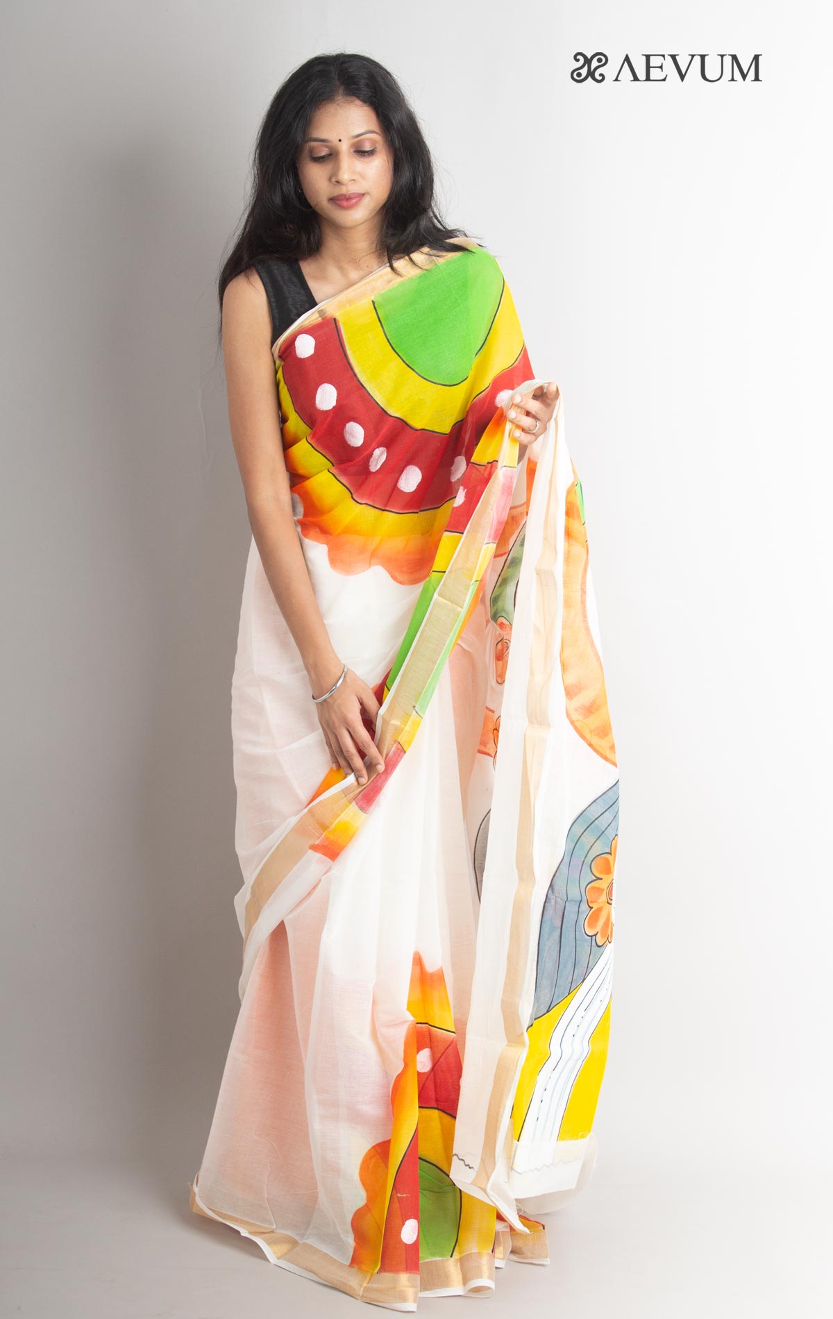 Sunflower handpainted mulmul cotton Saree-white