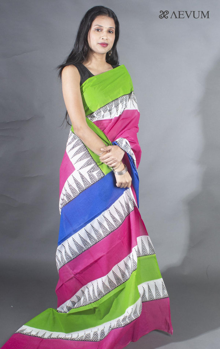 Soft Cotton Mulmul Block Printed Saree with Blouse Piece - 9148 Saree Joydeep Ganguly   