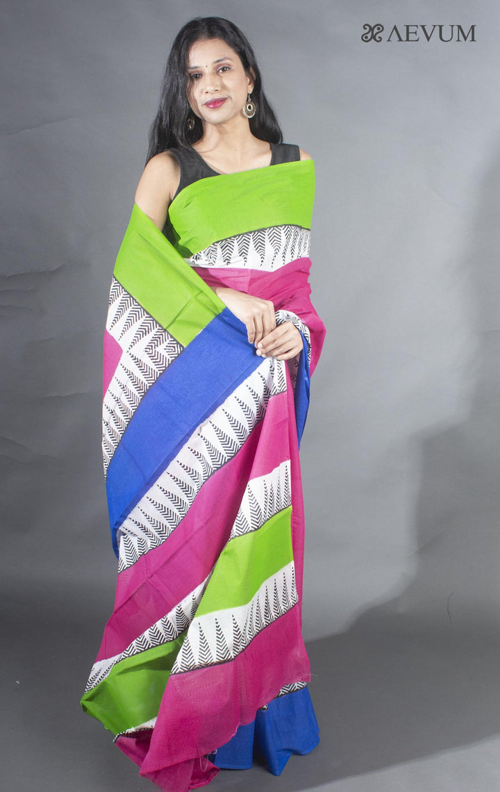 Soft Cotton Mulmul Block Printed Saree with Blouse Piece - 9148 Saree Joydeep Ganguly   