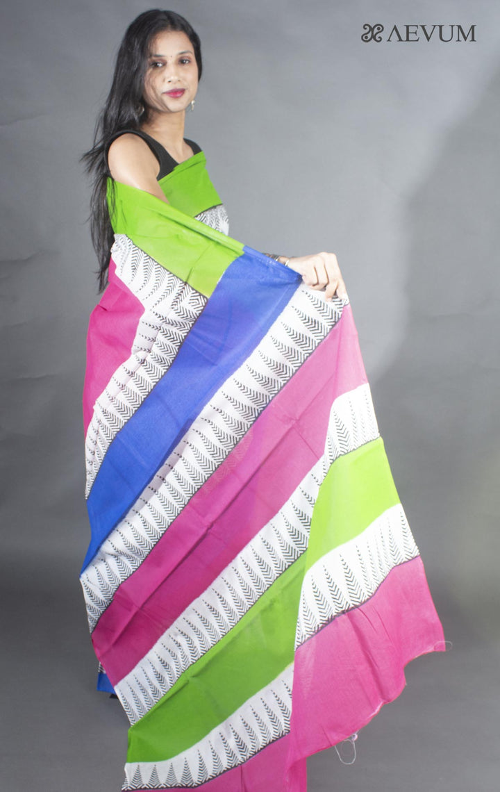 Soft Cotton Mulmul Block Printed Saree with Blouse Piece - 9148 Saree Joydeep Ganguly   