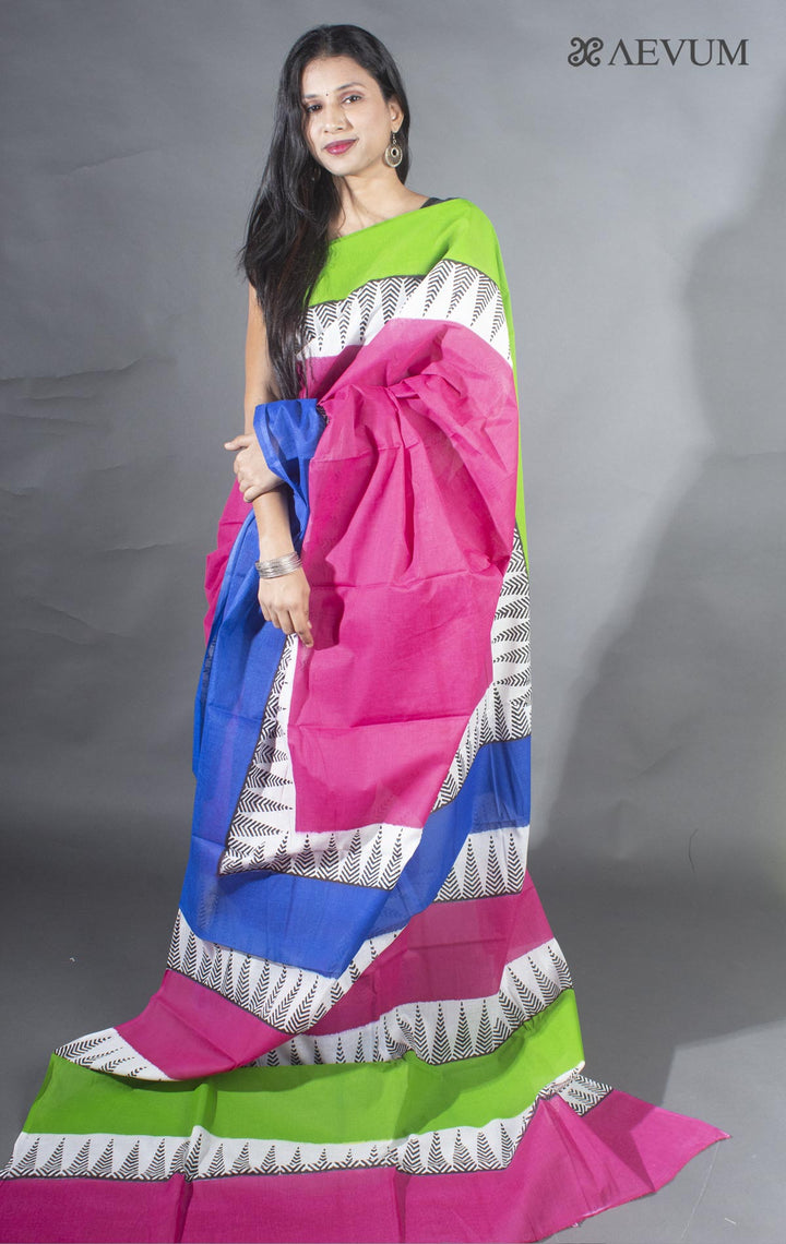 Soft Cotton Mulmul Block Printed Saree with Blouse Piece - 9148 Saree Joydeep Ganguly   