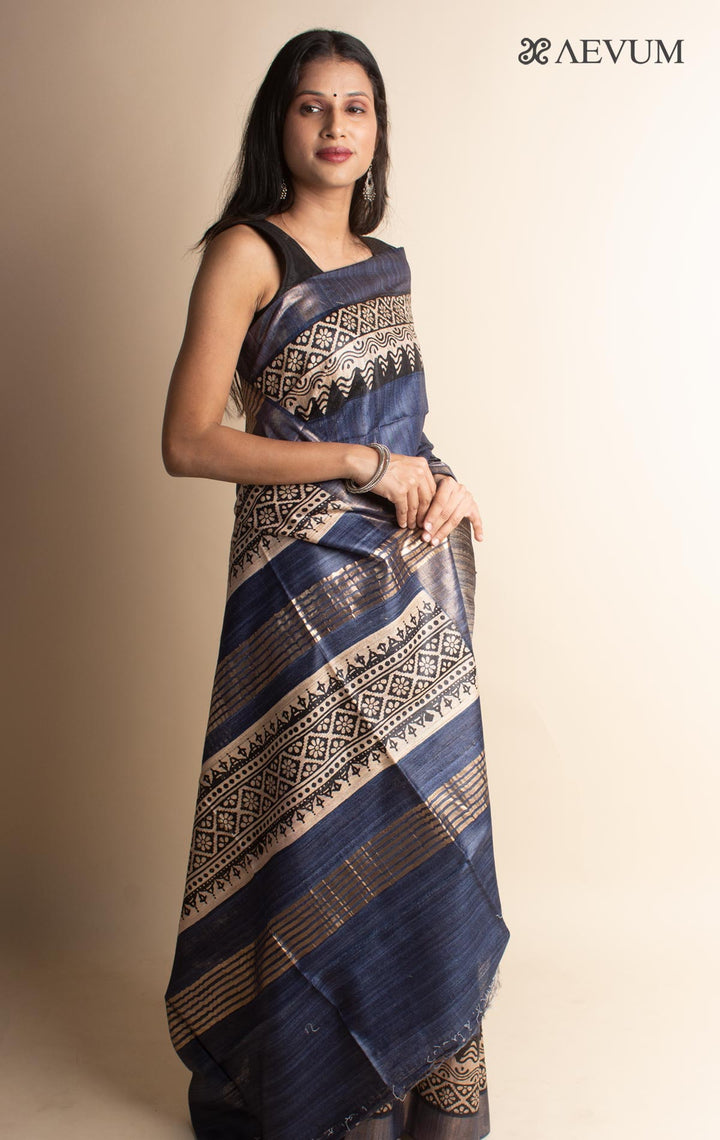 Zari Tussar Silk Saree Hand Block Printed with Silk Mark - 3076 Saree Riya's Collection   