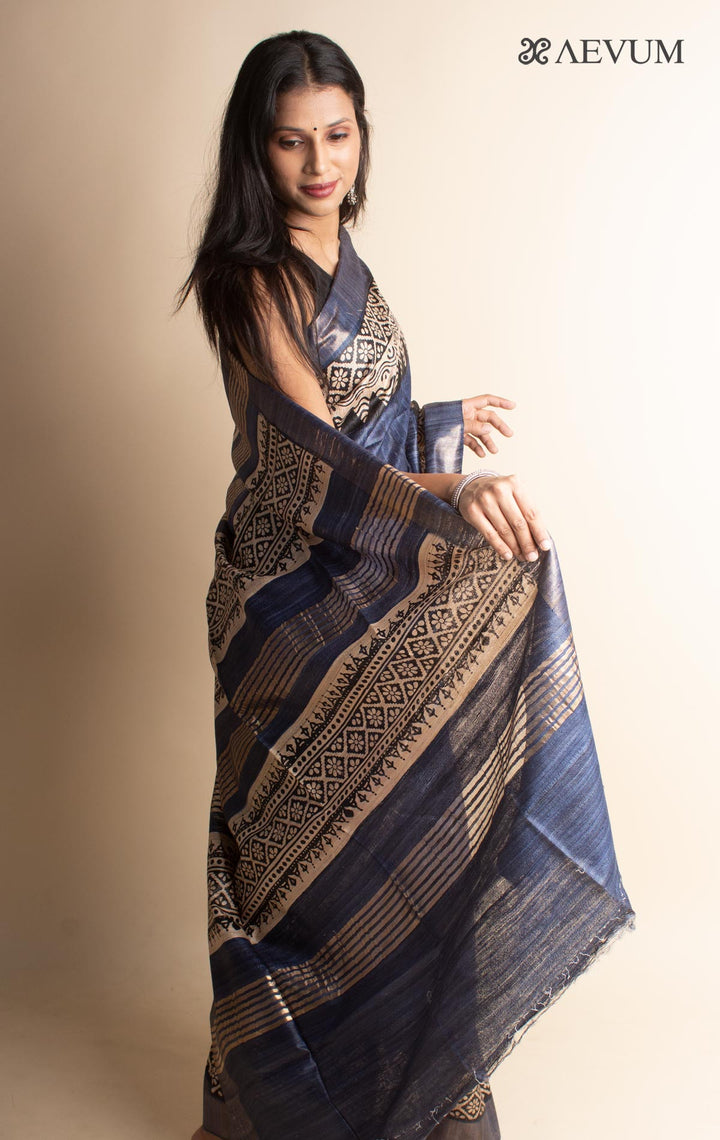 Zari Tussar Silk Saree Hand Block Printed with Silk Mark - 3076 Saree Riya's Collection   