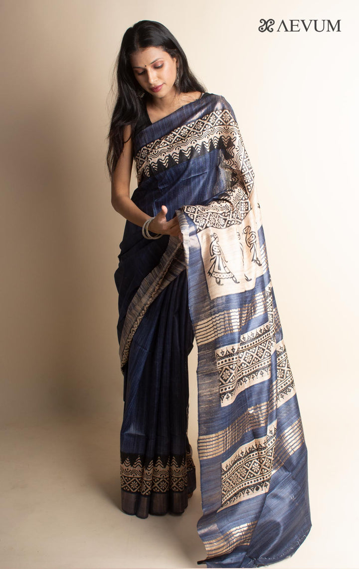 Zari Tussar Silk Saree Hand Block Printed with Silk Mark - 3076 Saree Riya's Collection   