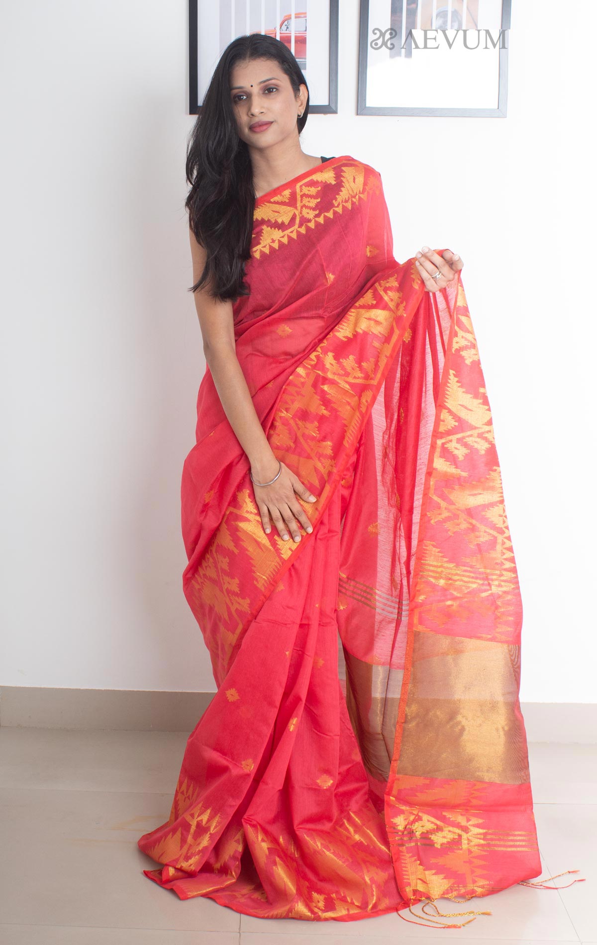 Shy Shakuntala - Red Cotton Silk Zari Saree - Indic Brands